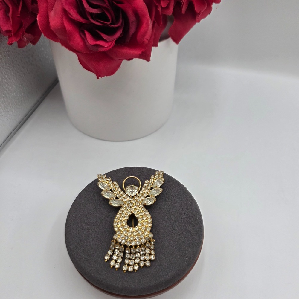 Vintage Gold Tone Rhinestone Angel Brooch Pin Sparkling Crystal Holiday 1.8"X2.5